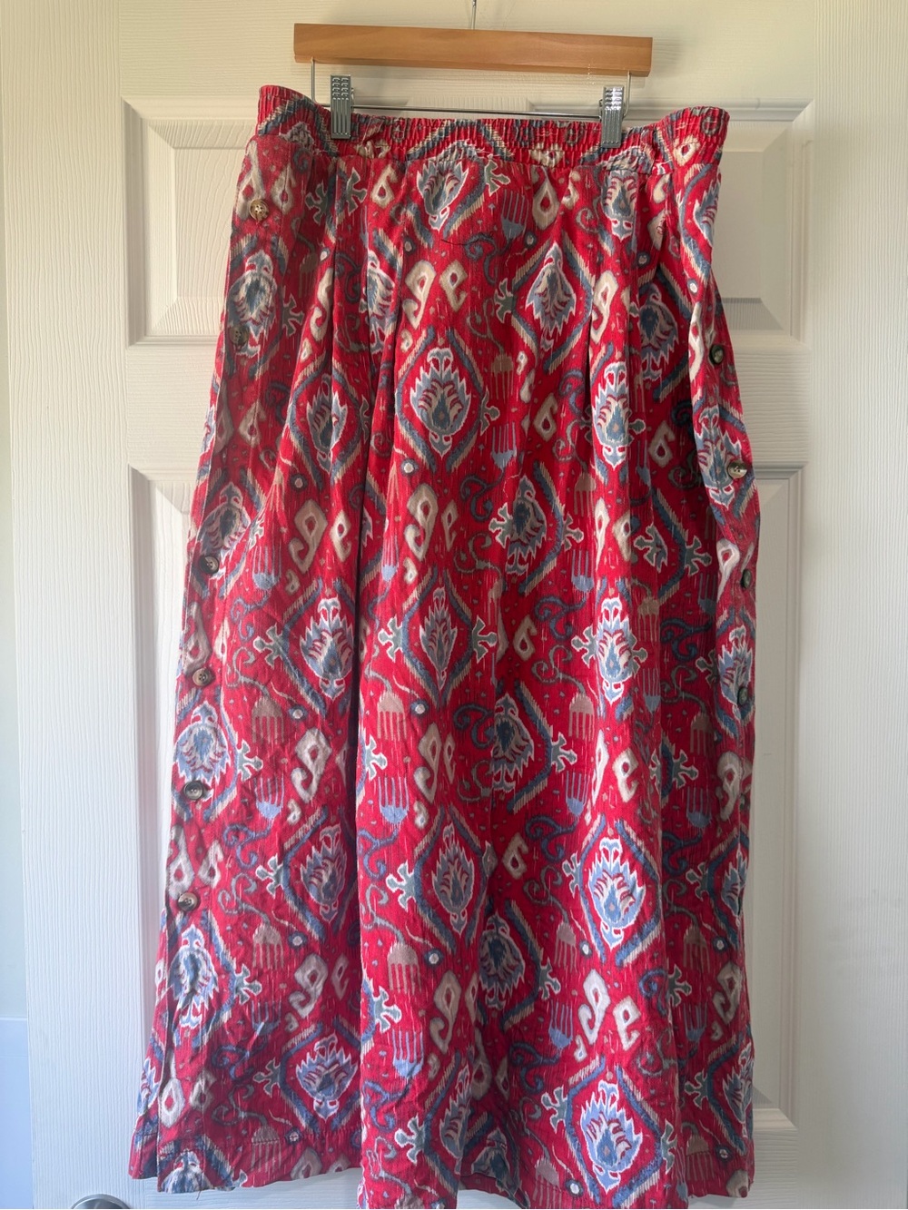 Red Printed Maxi Skirt with Blue & Cream Motif